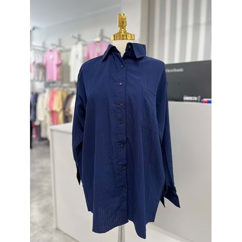 Kendinden Çizgili Gömlek 781 - Lacivert - L-XL