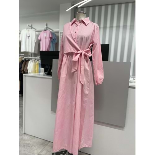 Çizgili Yan Bağlamalı Elbise 2390 - Pembe - S-M