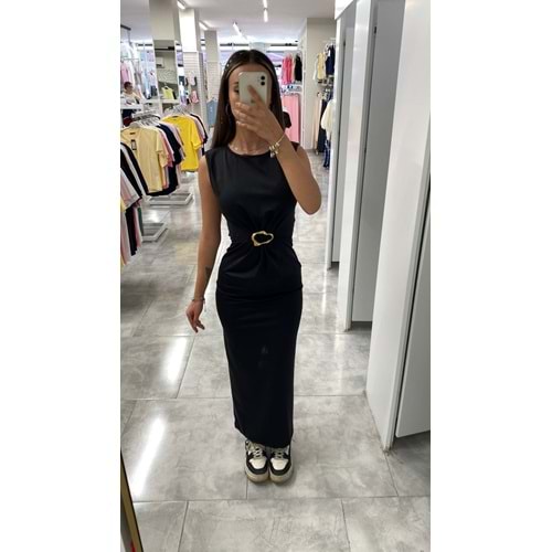 Toka Detaylı Sıfır Kol Elbise 13609 - Siyah - L