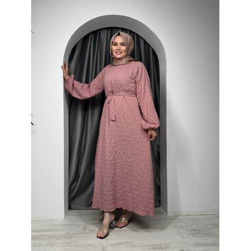 Gofre Kumaş Elbise 9985 - Gül - 42-44