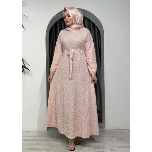 Gofre Kumaş Elbise 9985 - Pudra - 50-52
