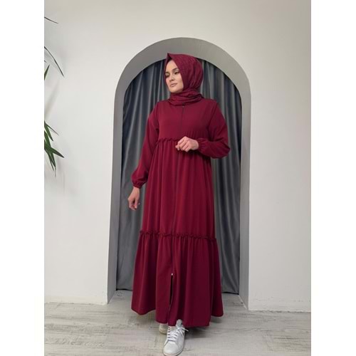Beli Büzgülü Eteği Fırfırlı Ferace 5568 - Bordo - 46-48
