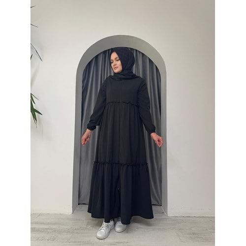 Beli Büzgülü Eteği Fırfırlı Ferace 5568 - Siyah - 50-52
