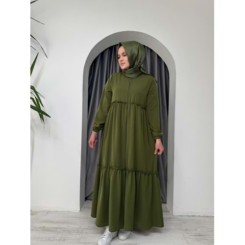 Beli Büzgülü Eteği Fırfırlı Ferace 5568 - Yeşil - 42-44