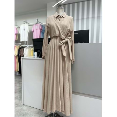 Çapraz Bağlamalı Çiçek Düğme Elbise 9685 - Bej - L-XL