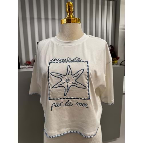 Yıldız Baskılı Kol Detaylı T-Shirt 10541 - Beyaz - L