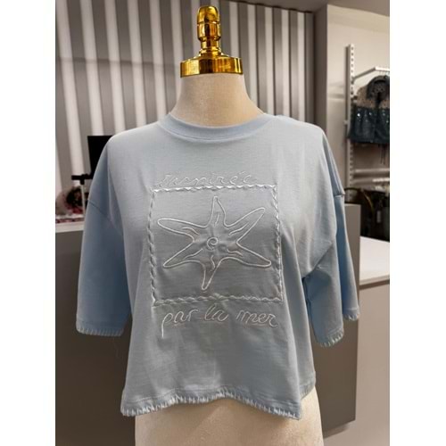 Yıldız Baskılı Kol Detaylı T-Shirt 10541 - Mavi - L