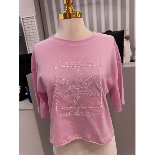 Yıldız Baskılı Kol Detaylı T-Shirt 10541 - Pembe - L