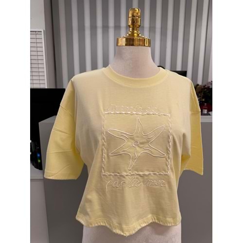 Yıldız Baskılı Kol Detaylı T-Shirt 10541 - Sarı - L