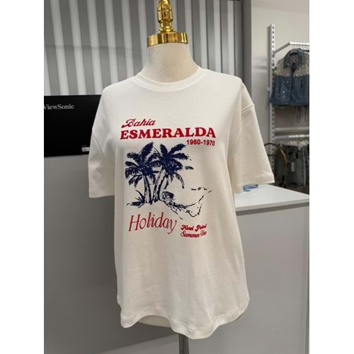 Palmiye Baskı T-shirt 10637 - Beyaz - L