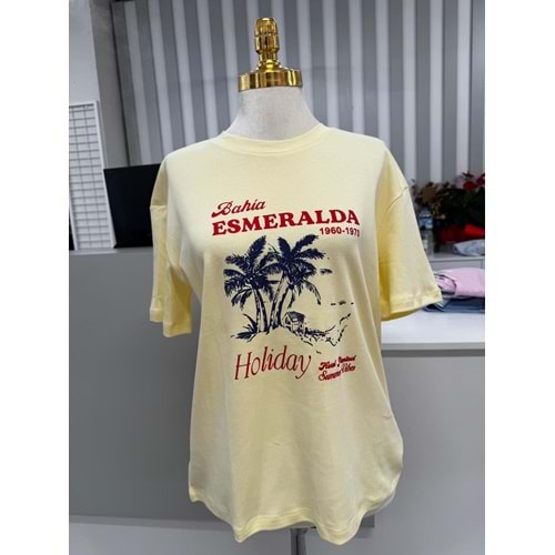Palmiye Baskı T-shirt 10637 - Sarı - L