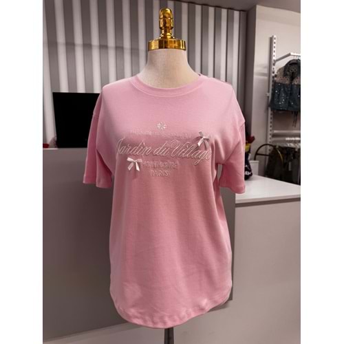 Kurdele Detaylı T-shirt 10308 - Pembe - L