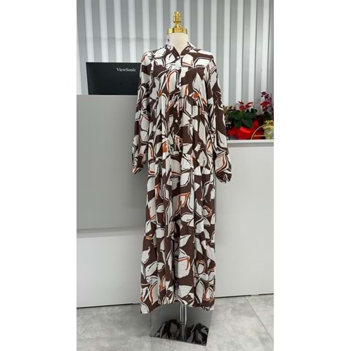 Yaprak Desen Elbise 2372 - Kahve Rengi - L-XL