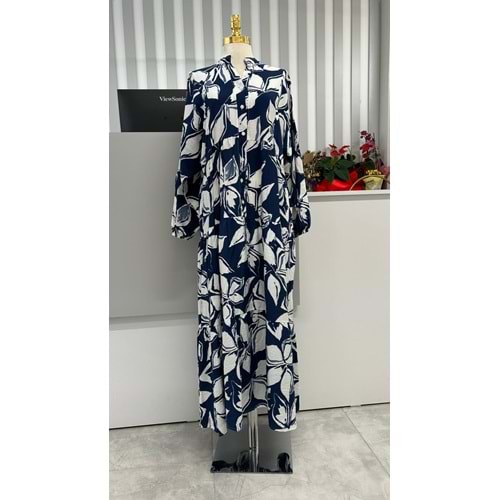 Yaprak Desen Elbise 2372 - Lacivert - L-XL