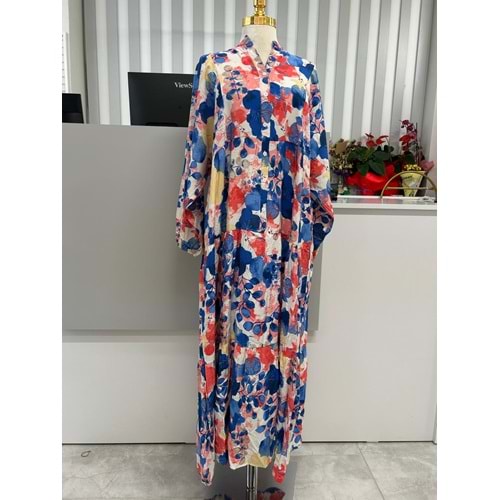 Yaprak Desen Elbise 2372 - Saks Mavi - L-XL
