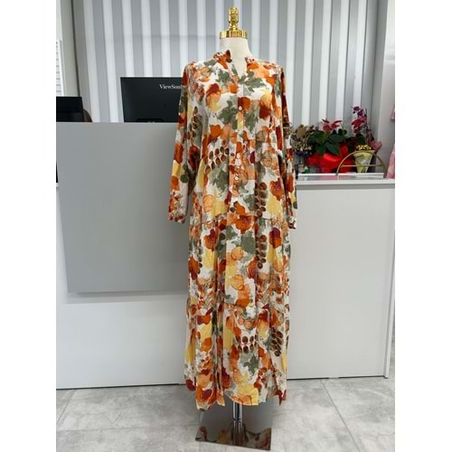 Yaprak Desen Elbise 2372 - Turuncu - L-XL