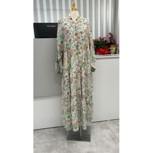 Serpme Çiçekli Elbise 2398 - Yeşil - L-XL