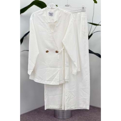 Kruvaze Pantolonlu Takım 35497 - Beyaz - L