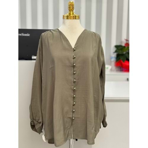 Omuz Büzgülü Modal Kumaş Gömlek 251063 - Mint Yeşili - S