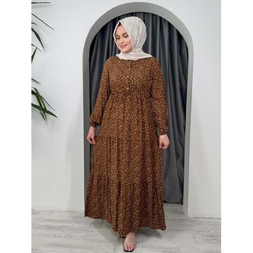 Minik Çiçek Desen Elbise 55455 - Kahve Rengi - 42-44