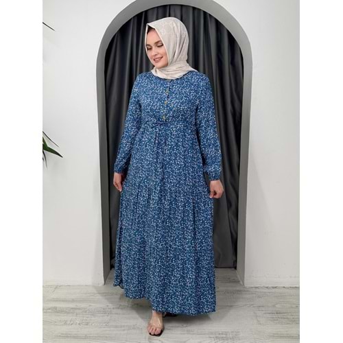 Minik Çiçek Desen Elbise 55455 - Mavi - 42-44