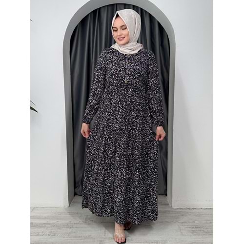 Minik Çiçek Desen Elbise 55455 - Siyah - 42-44