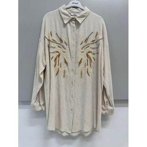 Keten Taşlı Gömlek Oversize 170202 - Bej - TEK BEDEN - AZRA06284-52052
