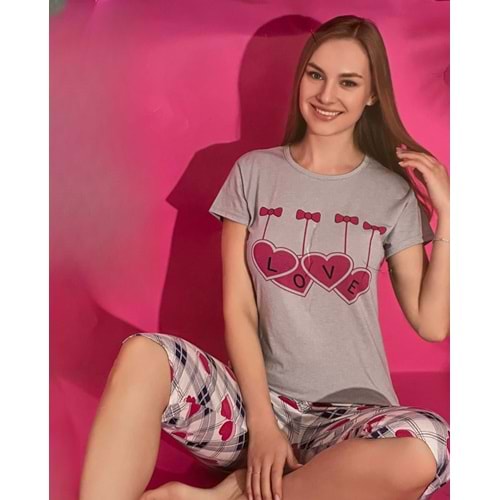 Kısa Kollu Desenli Pijama Takımı 0150 - Gri - L - AZRA06395-52840