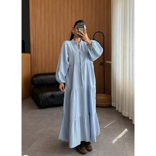 Müslin Kumaş Elbise 8627 - Mavi - L-XL