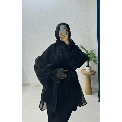 Organze Gül Detaylı Bluz 8971 - Siyah - TEK BEDEN