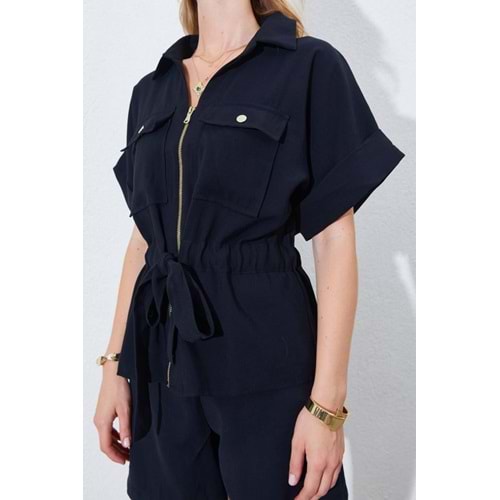 Kuşaklı Fermuarlı Gabardin Gömlek 4912 - Siyah - L