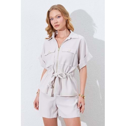 Kuşaklı Fermuarlı Gabardin Gömlek 4912 - Taş - L