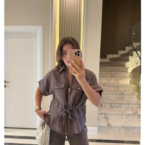 Kuşaklı Fermuarlı Gabardin Gömlek 4912 - Vizon - L