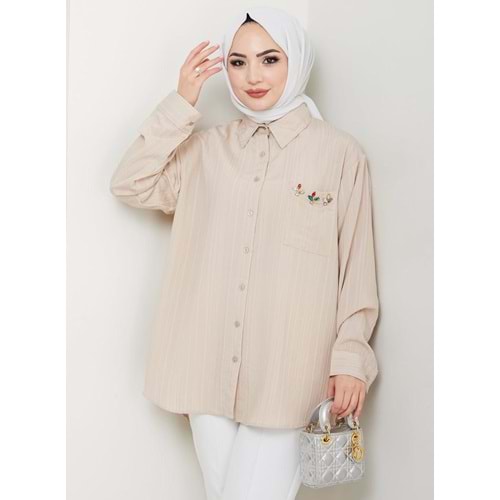Twity Cep Taş Detay Gömlek 765 - azra fashion - Bej - L-XL