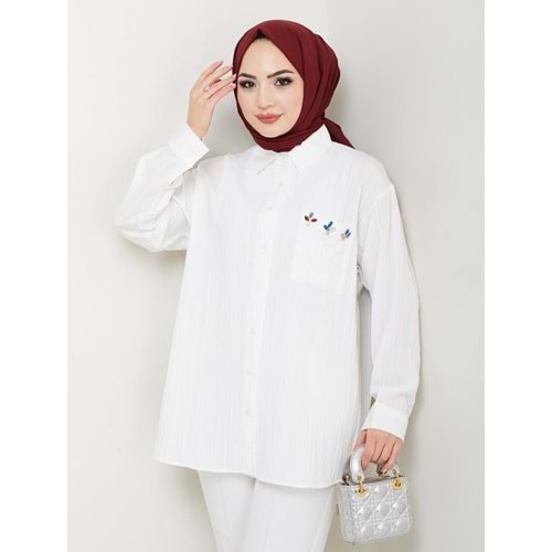 Twity Cep Taş Detay Gömlek 765 - azra fashion - Beyaz - L-XL