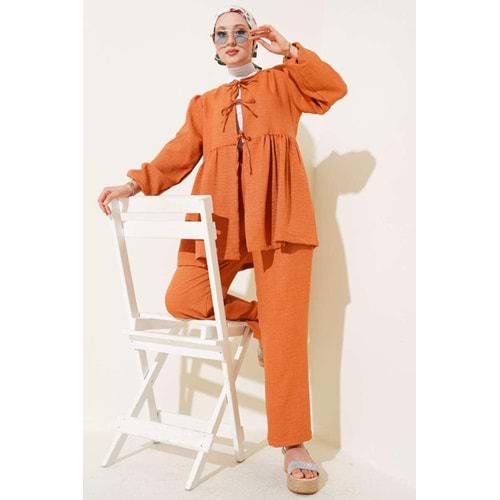 Bambu Keten Biyeli Pantolonlu Takım 3401 - azra fashion - Soğan Kabuğu - L-XL