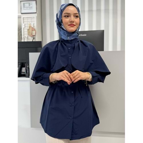 Poplin Pelerinli Bağçıklı Gömlek 782 - azra fashion - Lacivert - L-XL