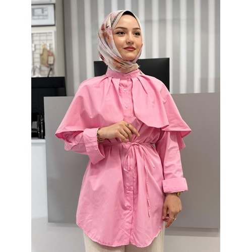 Poplin Pelerinli Bağçıklı Gömlek 782 - azra fashion - Pembe - L-XL