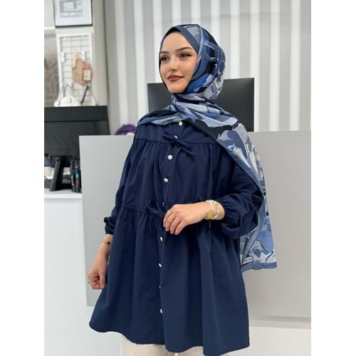 Poplin Biyeli Elmas Düğmeli Gömlek 799 - azra fashion - Lacivert - L-XL