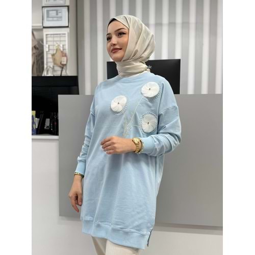 Nakışlı Çiçekli Tunik 26123 - Mavi - L-XL