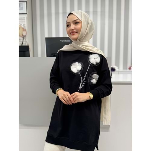 Nakışlı Çiçekli Tunik 26123 - Siyah - L-XL