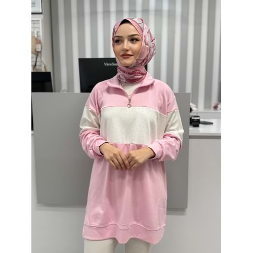 Yaka Fermuarlı Taşlı Tunik 26127 - Pembe - L