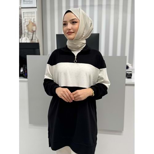 Yaka Fermuarlı Taşlı Tunik 26127 - Siyah - L