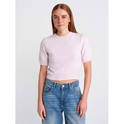 Bisiklet Yaka Pullu Simli Triko Kazak 10703 - Pembe - TEK BEDEN