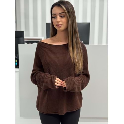 Kayık Yaka Basic Triko Kazak 10804 - Kahve Rengi - TEK BEDEN