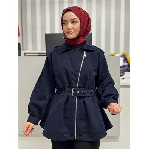 Beli Büzgülü Kot Ceket 7306 - Lacivert - TEK BEDEN