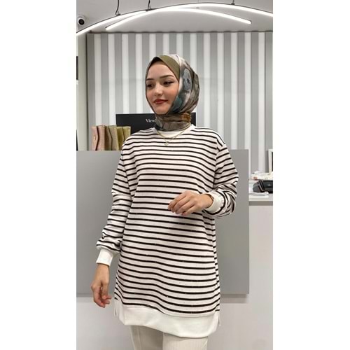 Taşlı Çizgili Tunik 26162 - Kahve Rengi - L