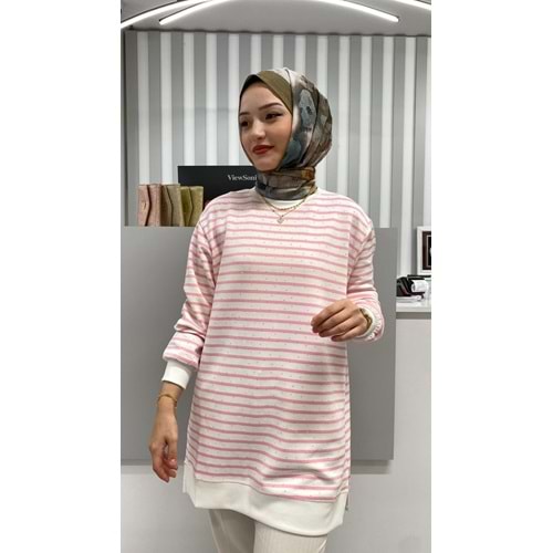 Taşlı Çizgili Tunik 26162 - Pembe - L