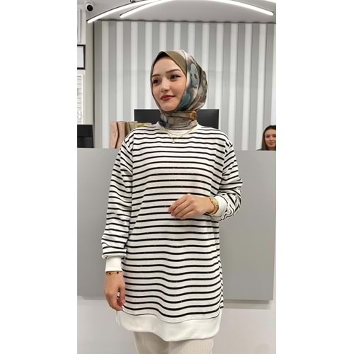 Taşlı Çizgili Tunik 26162 - Siyah - S