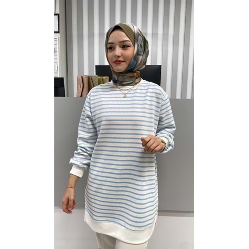 Taşlı Çizgili Tunik 26162 - Mavi - L